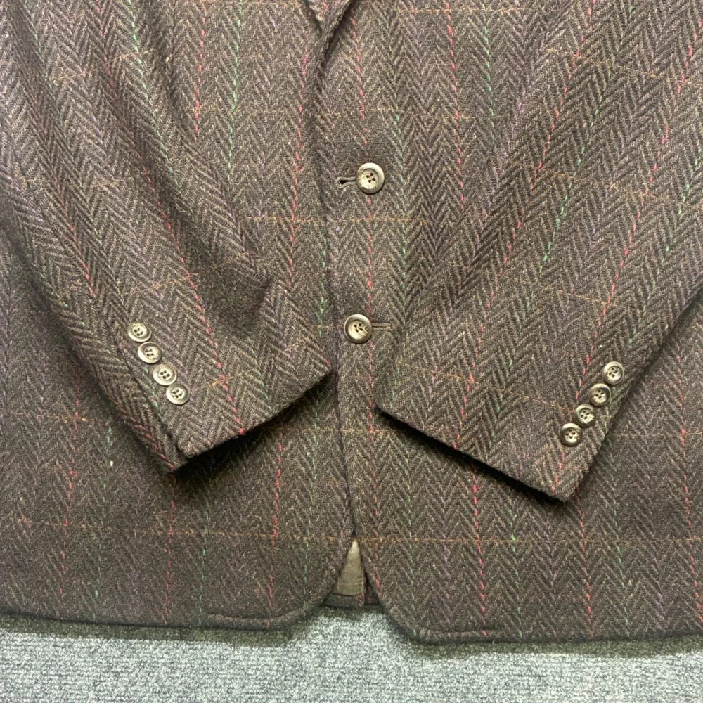Vintage Oakton Ltd Blazer Mens 42R Brown Wool Herringbone Windowpane Sport Coat